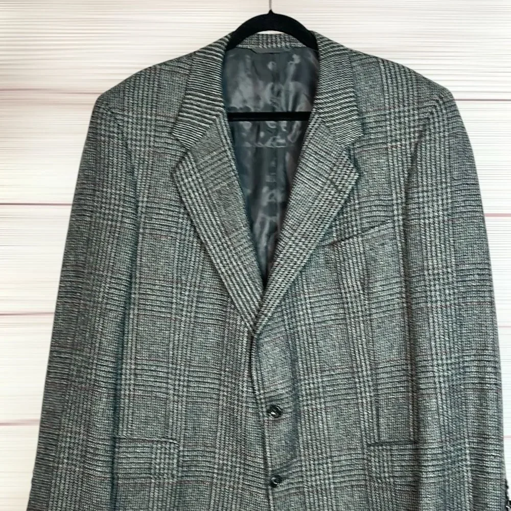 Vintage Hickey Freeman Wool Sport Coat Gray Houndstooth Glen Check size 48 L